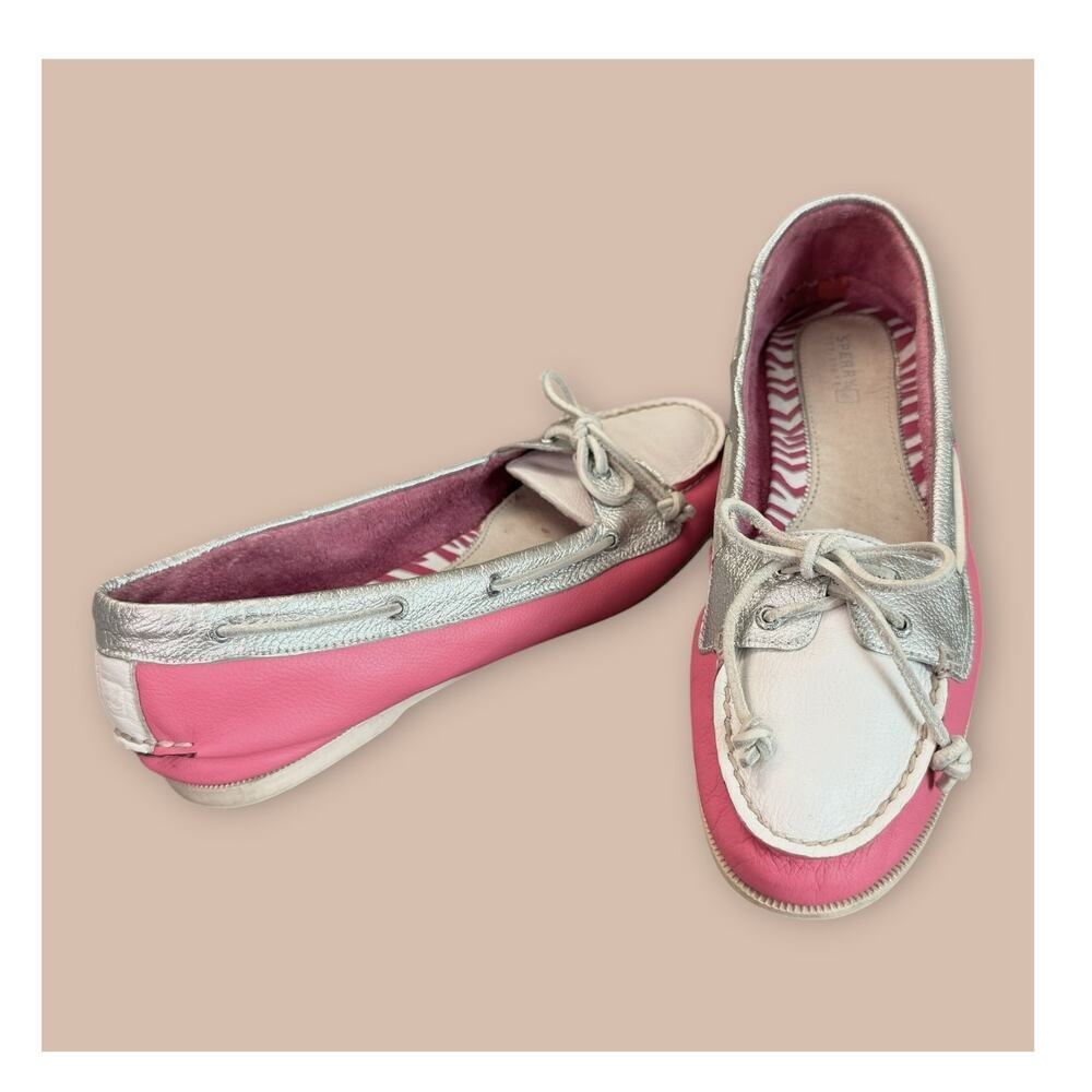 Sperry Top Sider Women Size 10M Leather Loafer Flat Boat Shoes Pink Silver White